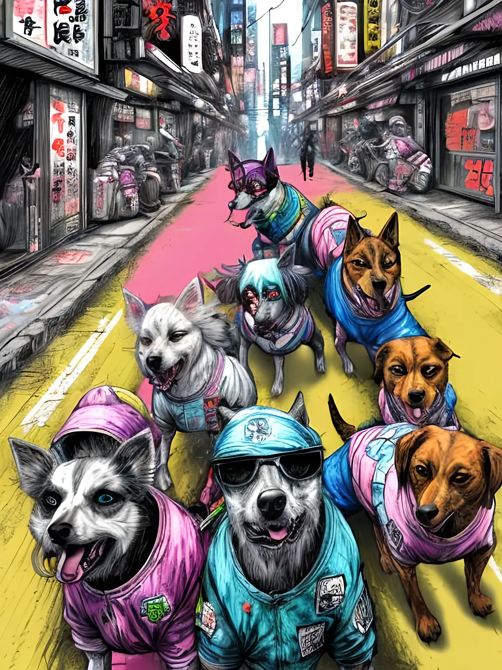 Prompt: pop art chalk pastel art of detailed dogs wearing gangster clothes playing in the streets in cyberpunk japan during a festival, sketch, detailed background, highres, fun atmosphere, natural lighting,  abstract, fun