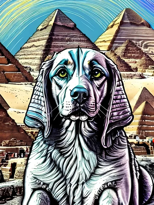 Prompt: pop art chalk pastel art of detailed dog as the sphinx in egypt, sketch, detailed background, highres, fun atmosphere, natural lighting,  abstract, fun