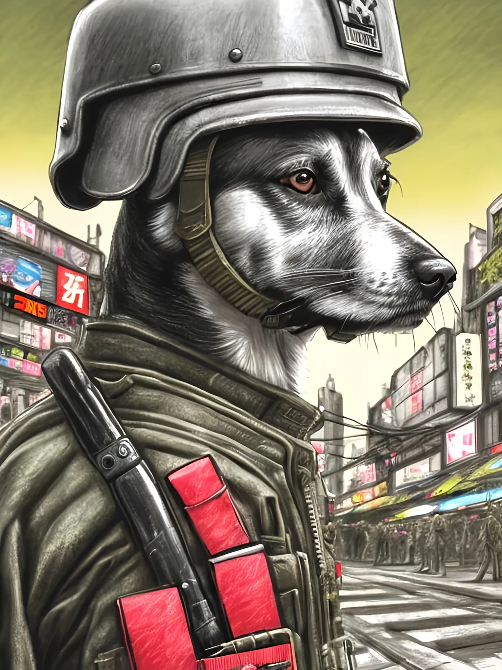 Prompt: pop art chalk pastel art of detailed dog wearing military uniforms<mymodel> playing in the streets in cyberpunk japan during a festival, sketch, detailed background, highres, fun atmosphere, natural lighting,  abstract, fun