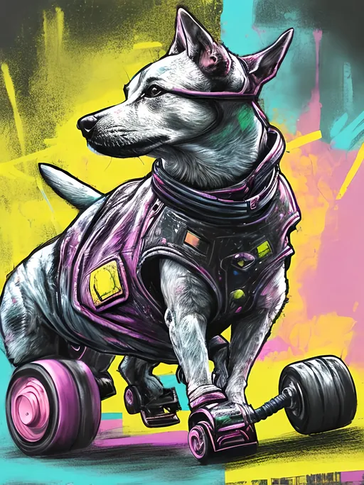 Prompt: pop art chalk pastel art of detailed dog playing roller derby in cyberpunk japan during a festival, sketch, detailed background, highres, fun atmosphere, natural lighting,  abstract, fun