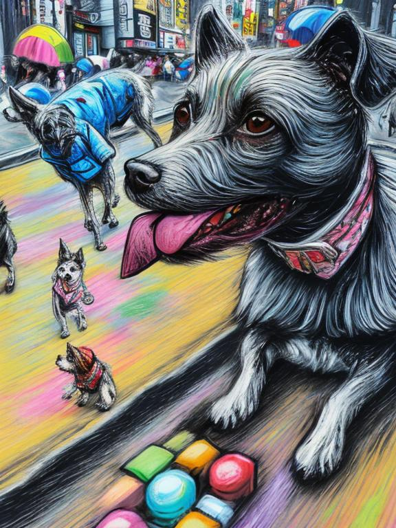 Prompt: pop art chalk pastel art of detailed dogs wearing clothes playing in the streets in japan during a festival, sketch, detailed background, highres, fun atmosphere, natural lighting,  abstract, fun