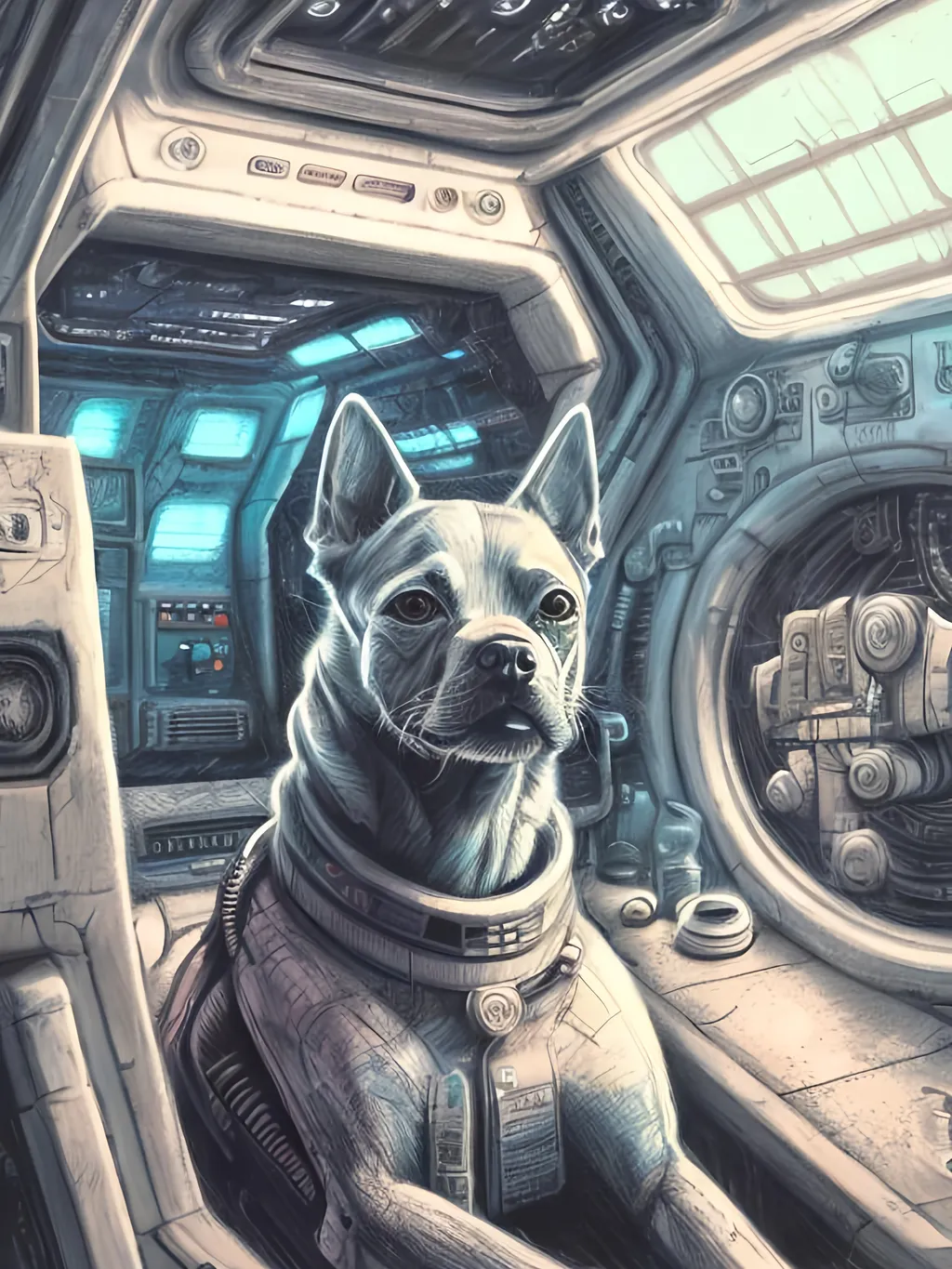 Prompt: chalk pastel style of a  detailed dog in a cyberpunk spaceship, sketch, detailed background, highres, fun atmosphere, natural lighting,  abstract, fun