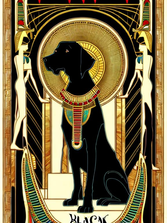 Prompt: black dog in egyptian clothing Art Nouveau style 