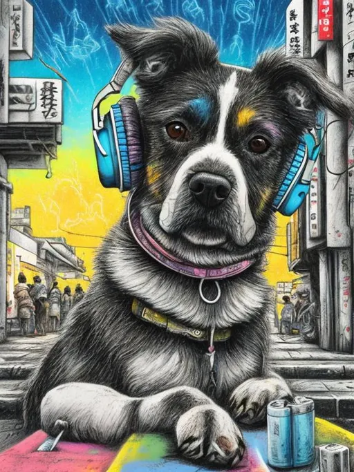 Prompt: pop art chalk pastel art of a detailed dog listening to music on the streets in post-apocalyptic Japan during a festival with planes in the background, sketch, detailed background, highres, fun atmosphere, natural lighting,  abstract, fun