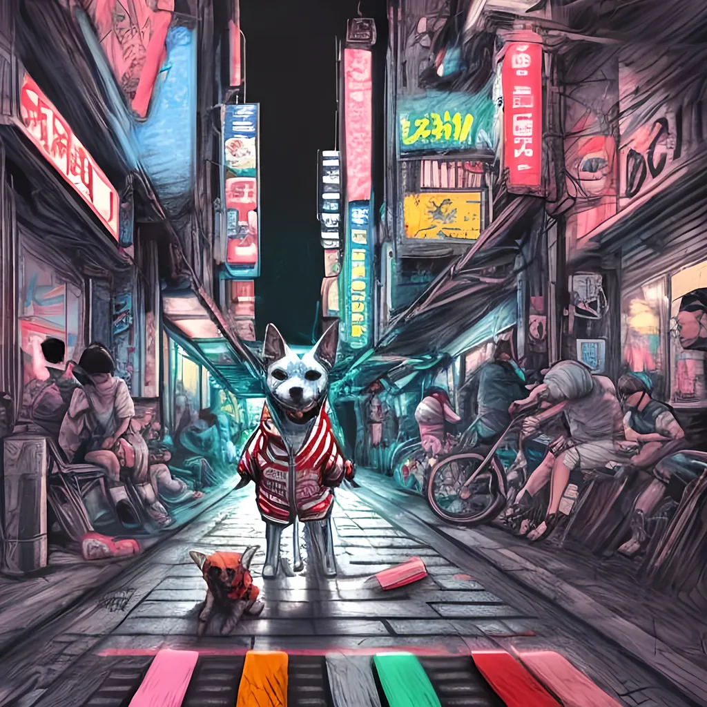 Prompt: pop art chalk pastel art of detailed dog wearing USA clothes playing in the streets in cyberpunk japan during a festival, sketch, detailed background, highres, fun atmosphere, natural lighting,  abstract, fun