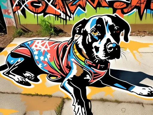 Prompt: Mountain cur black dog in redneck clothing graffiti art style