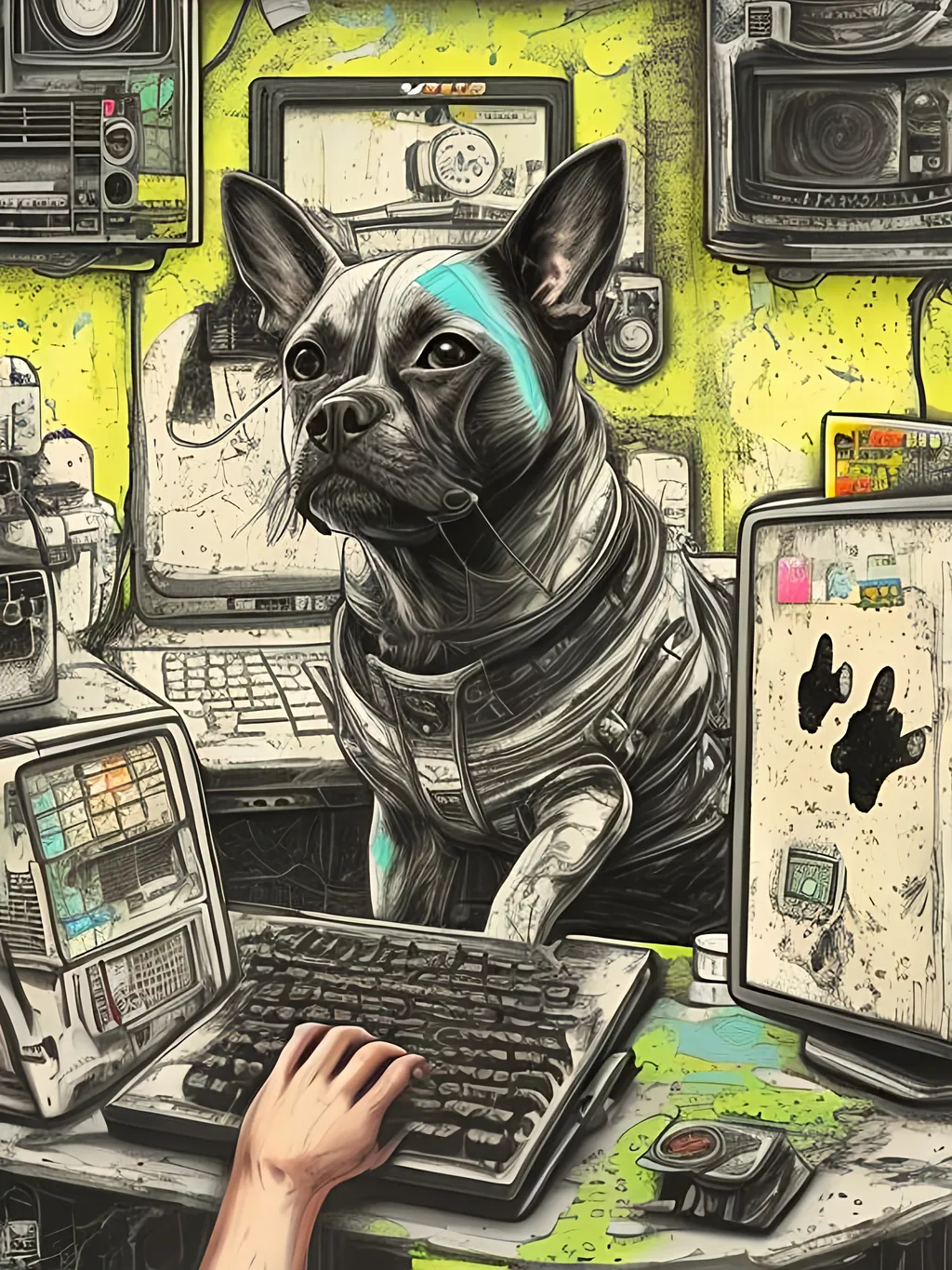 Prompt: pop art chalk pastel art of detailed dog hacking computers in post apocalyptic Japan, sketch, detailed background, highres, fun atmosphere, natural lighting,  abstract, fun