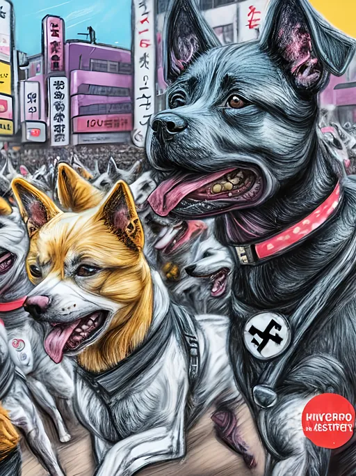 Prompt: pop art chalk pastel art of detailed dogs wearing nazi uniforms playing in the streets in japan during a festival, sketch, detailed background, highres, fun atmosphere, natural lighting,  abstract, fun