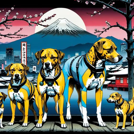 Prompt: black mountain cur dogs in cyberpunk hiroshige