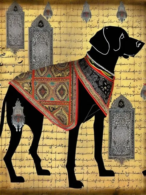 Prompt: black dog in persian clothing Dadaism style art