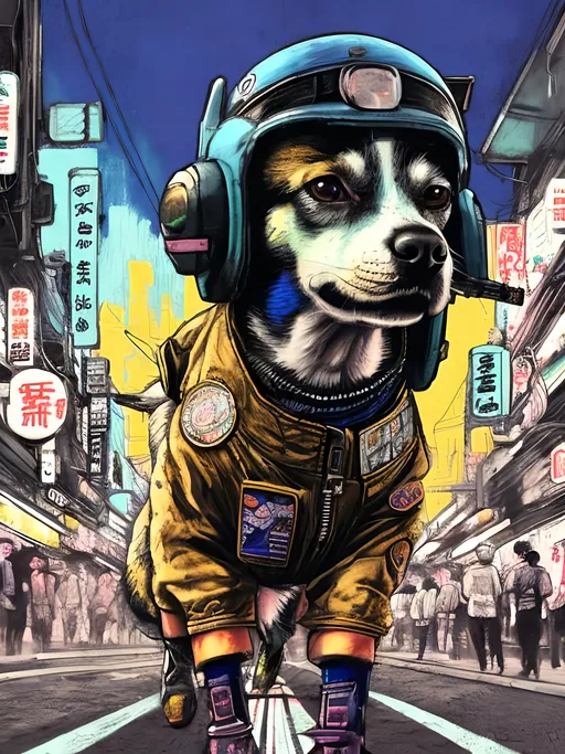 Prompt: pop art chalk pastel art of a detailed dog wearing a pilot uniform playing in the streets in cyberpunk japan during a festival, sketch, detailed background, highres, fun atmosphere, natural lighting,  abstract, fun