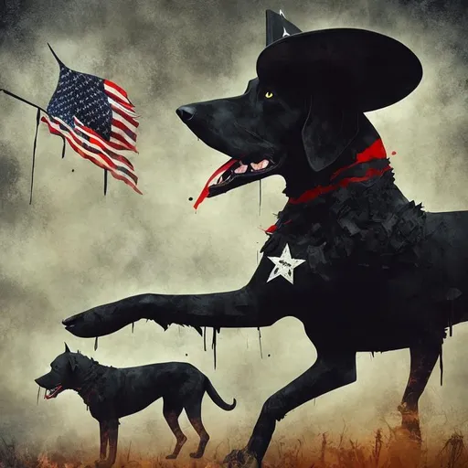 Prompt: Surreal, abstract art of black dogs in patriotic soldier outfits, cowboy hat, high contrast, dreamlike, otherworldly, fun atmosphere, mysterious, professional art, abstract, vibrant colors, atmospheric lighting, USA, surreal style, vibrant, high-quality