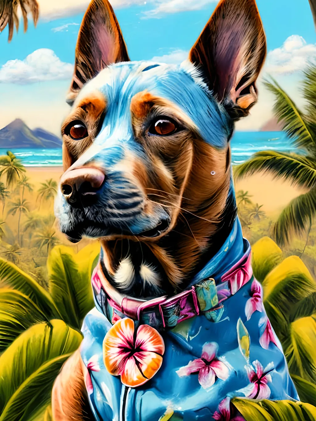 Prompt: chalk pastel style of a  detailed dog in a Hawaiian shirt in Jamaica, sketch, detailed background, highres, fun atmosphere, natural lighting,  abstract, fun