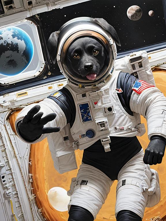 Prompt: abstract style art of black dogs in space in astronaut outfits