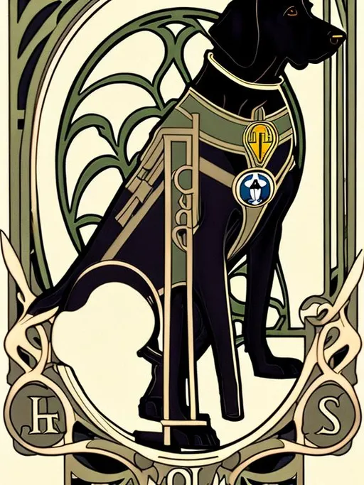 Prompt: black dog in soldier clothing Art Nouveau style