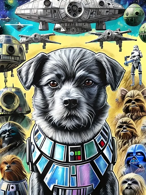 Prompt: pop art chalk pastel art of detailed dog in star wars, sketch, detailed background, highres, fun atmosphere, natural lighting,  abstract, fun