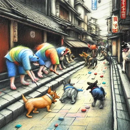 Prompt: etchy chalk pastel art of dogs playing in the streets in japan, sketch, detailed background, highres, fun atmosphere, natural lighting, pastel colors, abstract, fun