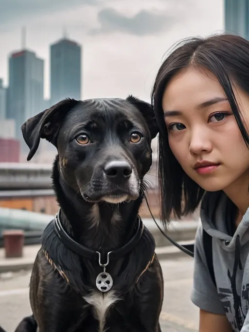 Prompt: mountain cur black dog with half asian girl in cyberpunk city