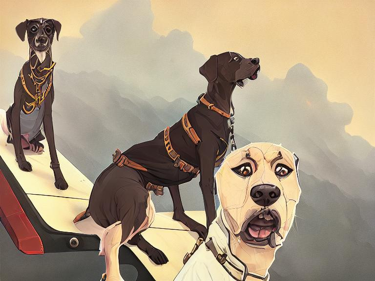 Prompt: black mountain cur dogs rap album dressed as airplane pilots