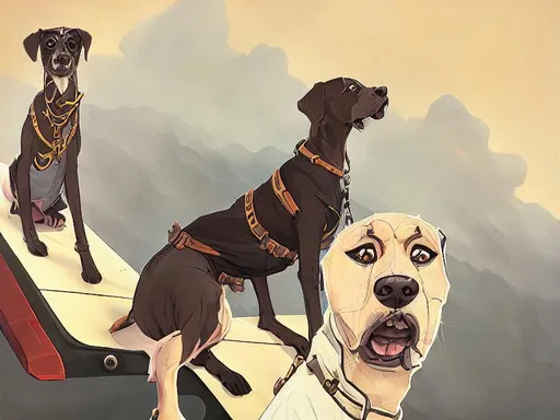 Prompt: black mountain cur dogs rap album dressed as airplane pilots