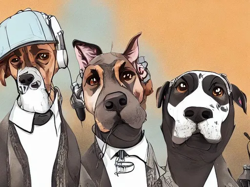 Prompt: black mountain cur dogs rap album dressed as gangsters in recording studio