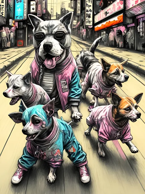 Prompt: pop art chalk pastel art of detailed dogs wearing gangster clothes playing in the streets in cyberpunk japan during a festival, sketch, detailed background, highres, fun atmosphere, natural lighting,  abstract, fun