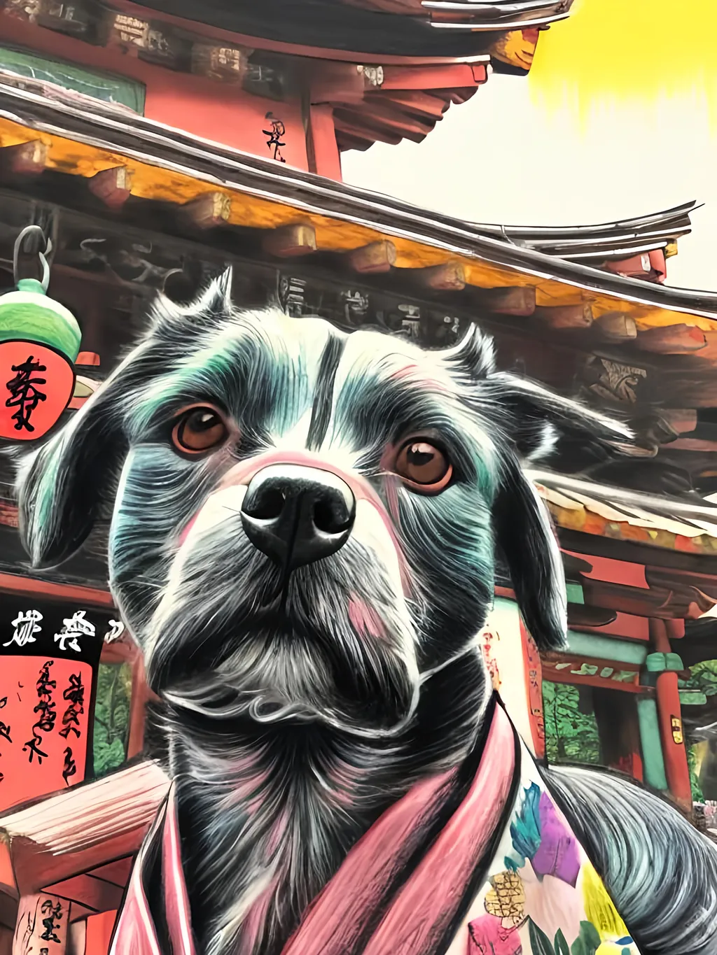 Prompt: pop art chalk pastel style of a  detailed dog in a kimono at a shrine, sketch, detailed background, highres, fun atmosphere, natural lighting,  abstract, fun