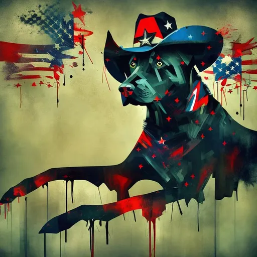 Prompt: abstract art of black dogs in patriotic soldier outfits, cowboy hat, high contrast, dreamlike, otherworldly, fun atmosphere, mysterious, professional art, abstract, vibrant colors, atmospheric lighting, USA, surreal style, vibrant, high-quality