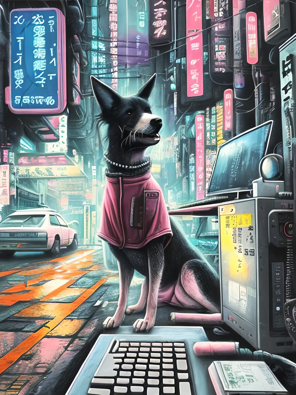 Prompt: chalk pastel art of a detailed dog hacking a computer on the streets in cyberpunk japan with planes in the background, sketch, detailed background, highres, fun atmosphere, natural lighting,  abstract, fun