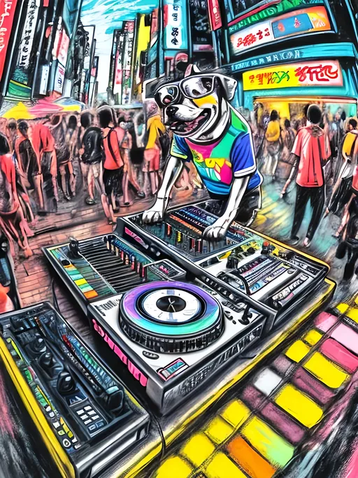 Prompt: pop art chalk pastel art of detailed dog DJing in the streets in Japan during a festival, sketch, detailed background, highres, fun atmosphere, natural lighting,  abstract, fun