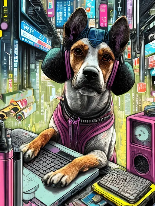 Prompt: pop art chalk pastel art of a detailed dog hacking a computer on the subway train in cyberpunk japan with planes in the background, sketch, detailed background, highres, fun atmosphere, natural lighting,  abstract, fun