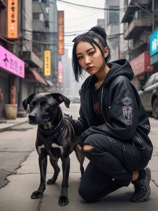 Prompt: mountain cur black dog with half asian girl in cyberpunk city