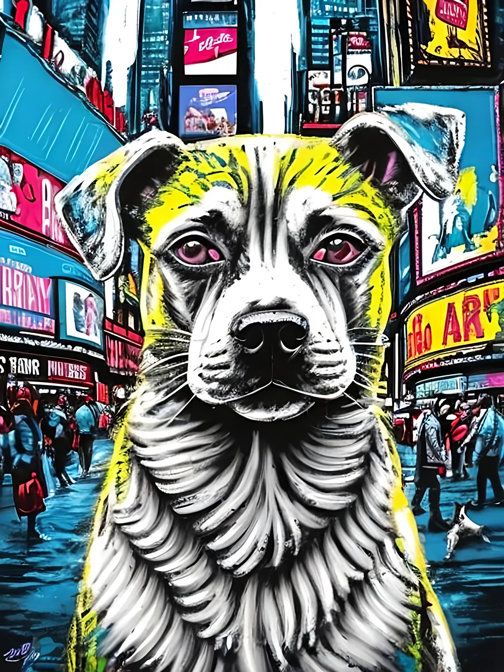 Prompt: pop art chalk pastel style of a  detailed dog in times square, sketch, detailed background, highres, fun atmosphere, natural lighting,  abstract, fun