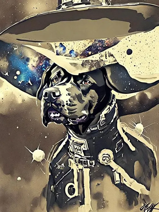 Prompt: Surrealism black dogs in cowboy outfits in space, abstract art style, cowboy hat, fun atmosphere, floating celestial bodies, mysterious nebulae, dreamlike, surreal, high contrast, otherworldly, abstract, space, astronaut, fun atmosphere, celestial bodies, dreamlike, surreal, high contrast, mysterious, nebulae, dogs, Pro trump clothing