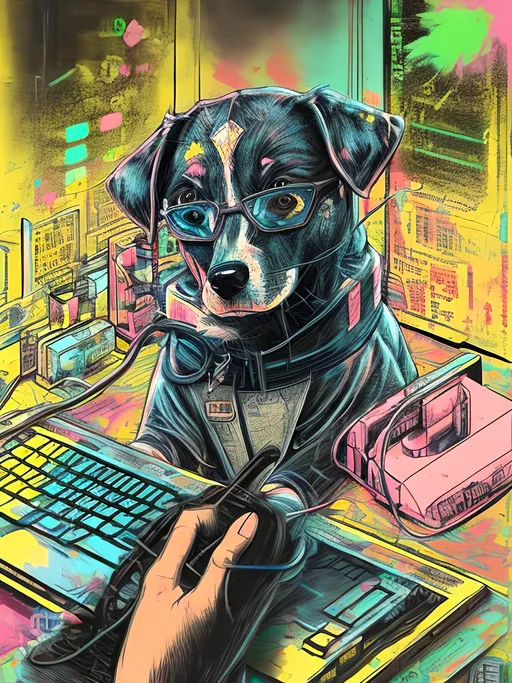 Prompt: pop art chalk pastel art of detailed dog hacking computers in cyberpunk japan, sketch, detailed background, highres, fun atmosphere, natural lighting,  abstract, fun