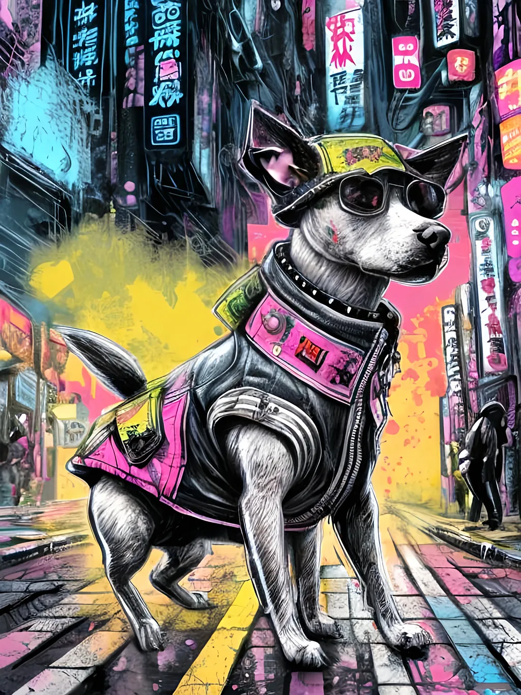 Prompt: pop art chalk pastel art of a detailed dog wearing punk clothes in the streets in cyberpunk japan during a festival, sketch, detailed background, highres, fun atmosphere, natural lighting,  abstract, fun