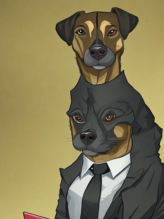 Prompt: all black mountain cur dog dressed as yakuza working on a laptop in an office