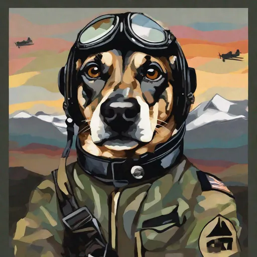 Prompt: mountain cur black dogs in pilots uniform abstract art