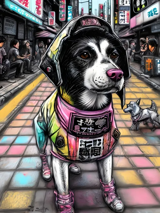 Prompt: pop art chalk pastel art of detailed dogs wearing punk clothes in the streets in cyberpunk japan during a festival, sketch, detailed background, highres, fun atmosphere, natural lighting,  abstract, fun