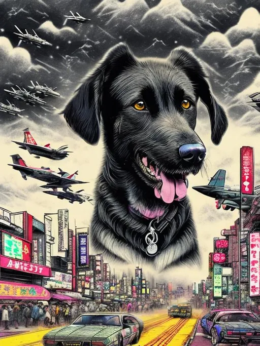 Prompt: pop art chalk pastel art of a detailed happy mountain cur black dog in the streets in cyberpunk Japan during a festival with planes in the background, sketch, detailed background, highres, fun atmosphere, natural lighting,  abstract, fun