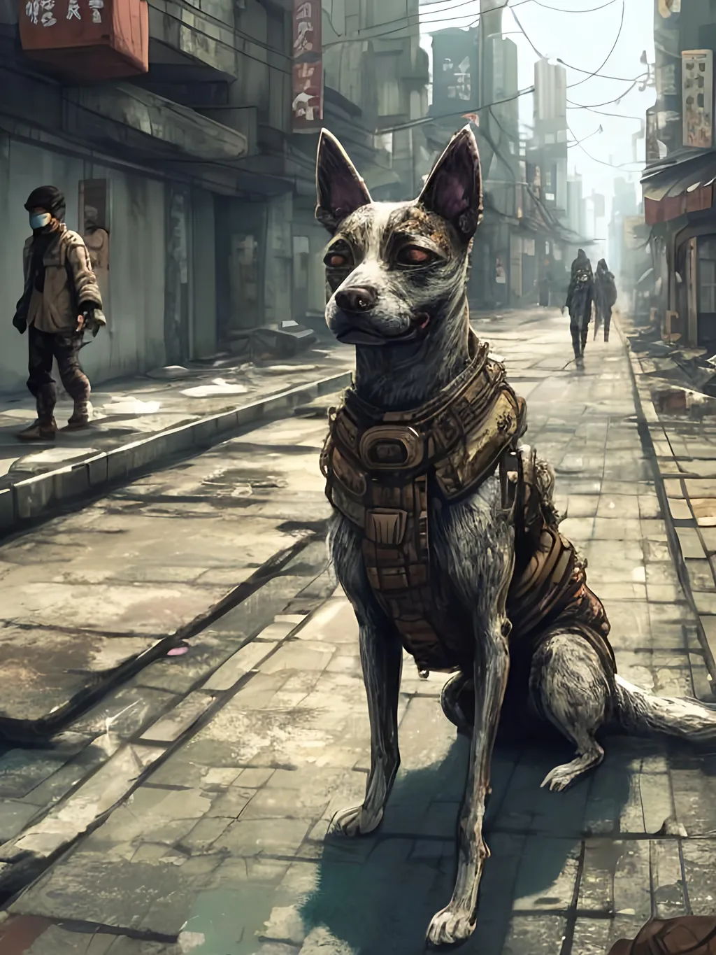 Prompt: chalk pastel style of a detailed dog in the streets in post-apocalyptic japan during a festival, sketch, detailed background, highres, fun atmosphere, natural lighting,  abstract, fun