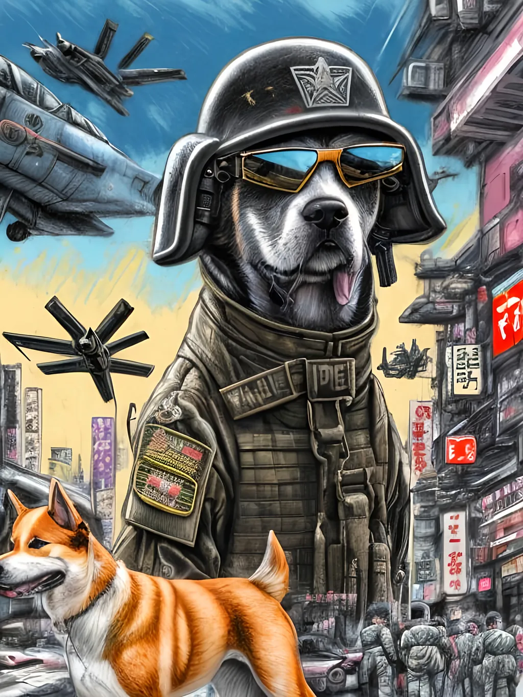 Prompt: pop art chalk pastel art of a detailed dog wearing a military uniform on the streets in cyberpunk japan during a festival with planes in the background, sketch, detailed background, highres, fun atmosphere, natural lighting,  abstract, fun