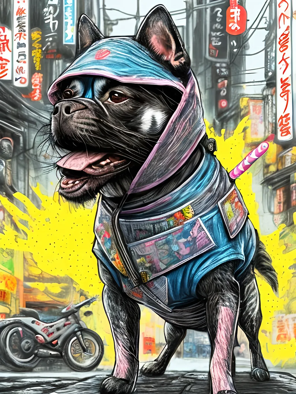 Prompt: pop art chalk pastel art of detailed dog wearing ninja clothes playing in the streets in cyberpunk japan during a festival, sketch, detailed background, highres, fun atmosphere, natural lighting,  abstract, fun