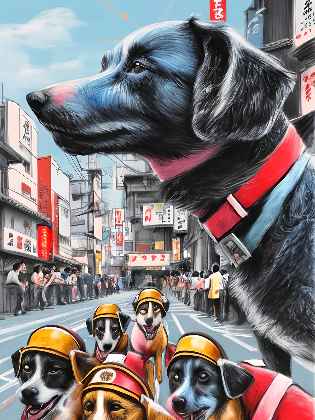 Prompt: pop art chalk pastel art of detailed dogs wearing pilot uniforms playing in the streets in japan during a festival, sketch, detailed background, highres, fun atmosphere, natural lighting,  abstract, fun