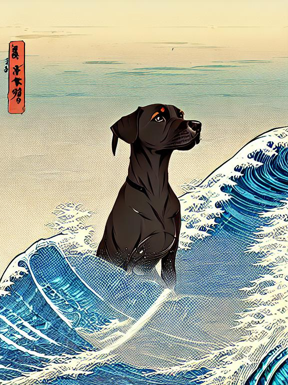 Prompt: black mountain cur dogs surfing in hiroshige wave 