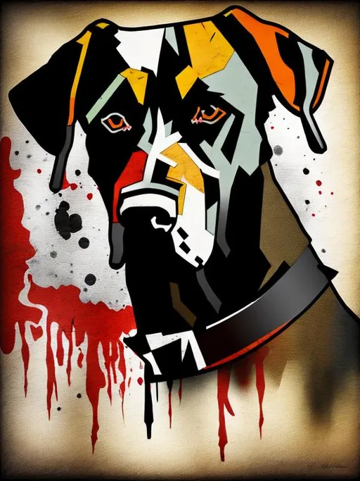 Prompt: Mountain cur black dog in redneck clothing abstract art style