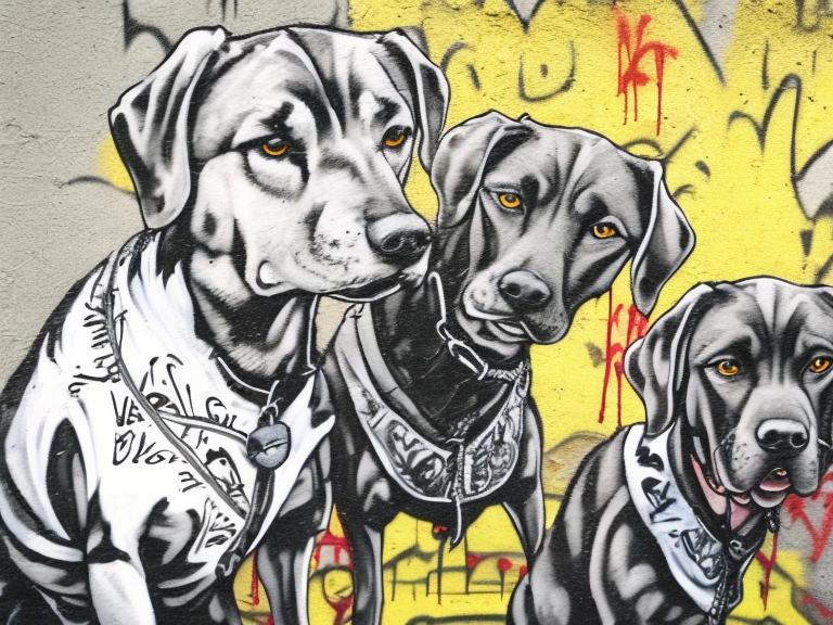 Prompt: mountain cur black dogs in gangster clothing graffiti