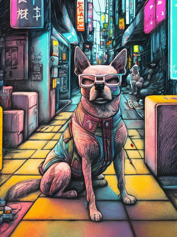 Prompt: pop art chalk pastel art of a detailed dog listening to music on the streets in cyberpunk japan during a festival, sketch, detailed background, highres, fun atmosphere, natural lighting,  abstract, fun