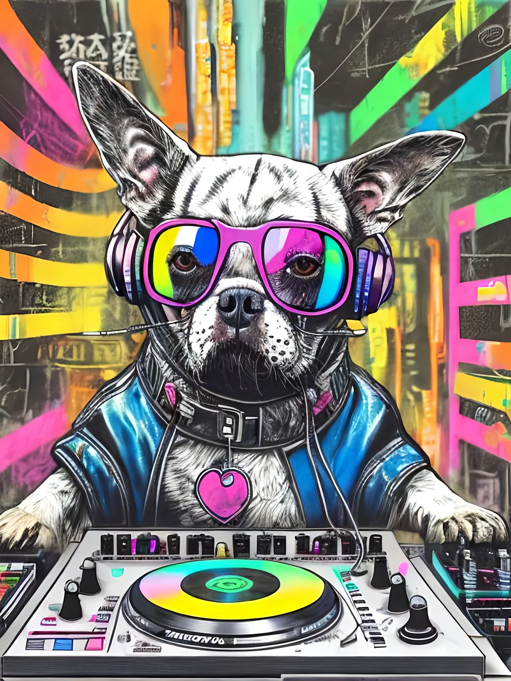 Prompt: pop art chalk pastel art of detailed dog DJing in cyberpunk Japan, sketch, detailed background, highres, fun atmosphere, natural lighting,  abstract, fun