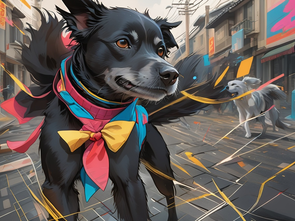 Prompt: black dog wearing ninja clothes having fun in the streets with a battle in the background, dogs, abstract art, Screen print, digital art, 8k resolution trending on Artstation, golden ratio, akira, rule of thirds, geometric bauhaus, Studio Ghibli, Anime Key Visual, by Makoto Shinkai, Deep Color, Intricate, 8k resolution concept art, Natural Lighting, Beautiful Composition